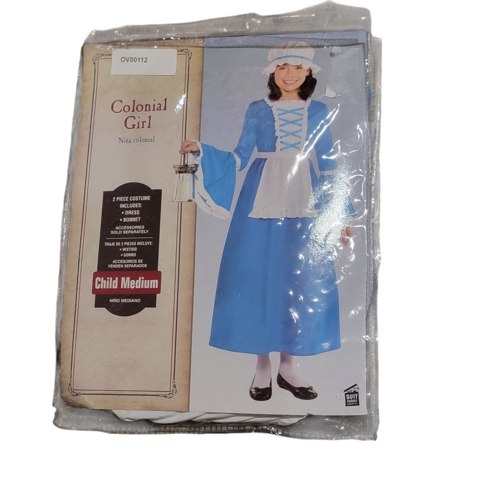 Pioneer Colonial Amercian Blue Dress arpon ruffles Costume & Bonnet girls M 8-10